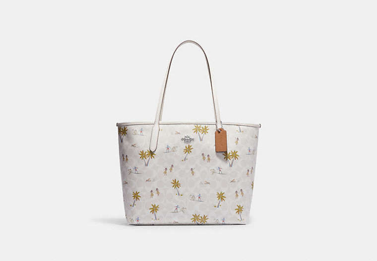COACH®,CITY TOTE IN SIGNATURE CANVAS WITH HULA PRINT,pvc,X-Large,Silver/Chalk/Glacier White Multi,Front View