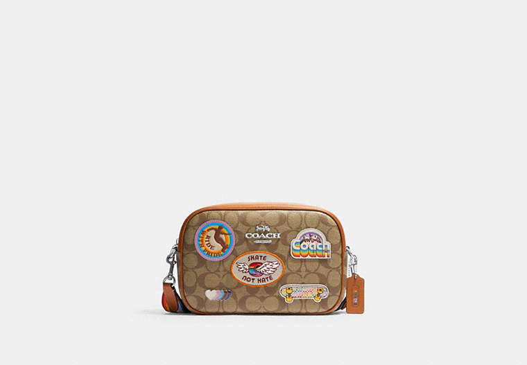 COACH®,JAMIE CAMERA BAG IN SIGNATURE CANVAS WITH PATCHES,canvas,Medium,Silver/Khaki Multi,Front View