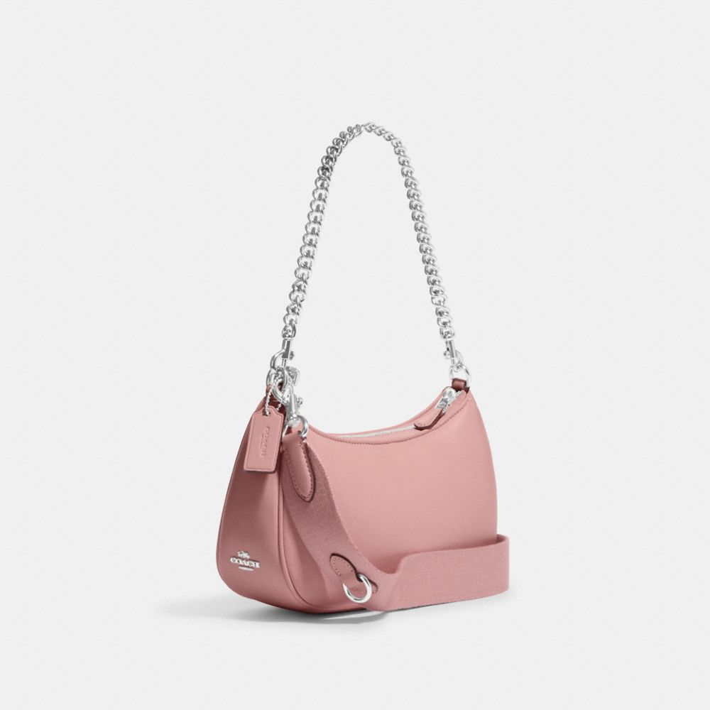 COACH®,Teri Shoulder Bag With Signature Quilting,Leather,Shoulder Bag,Logo,Quilted,Silver Metal,Day Party,Blush,Angle View