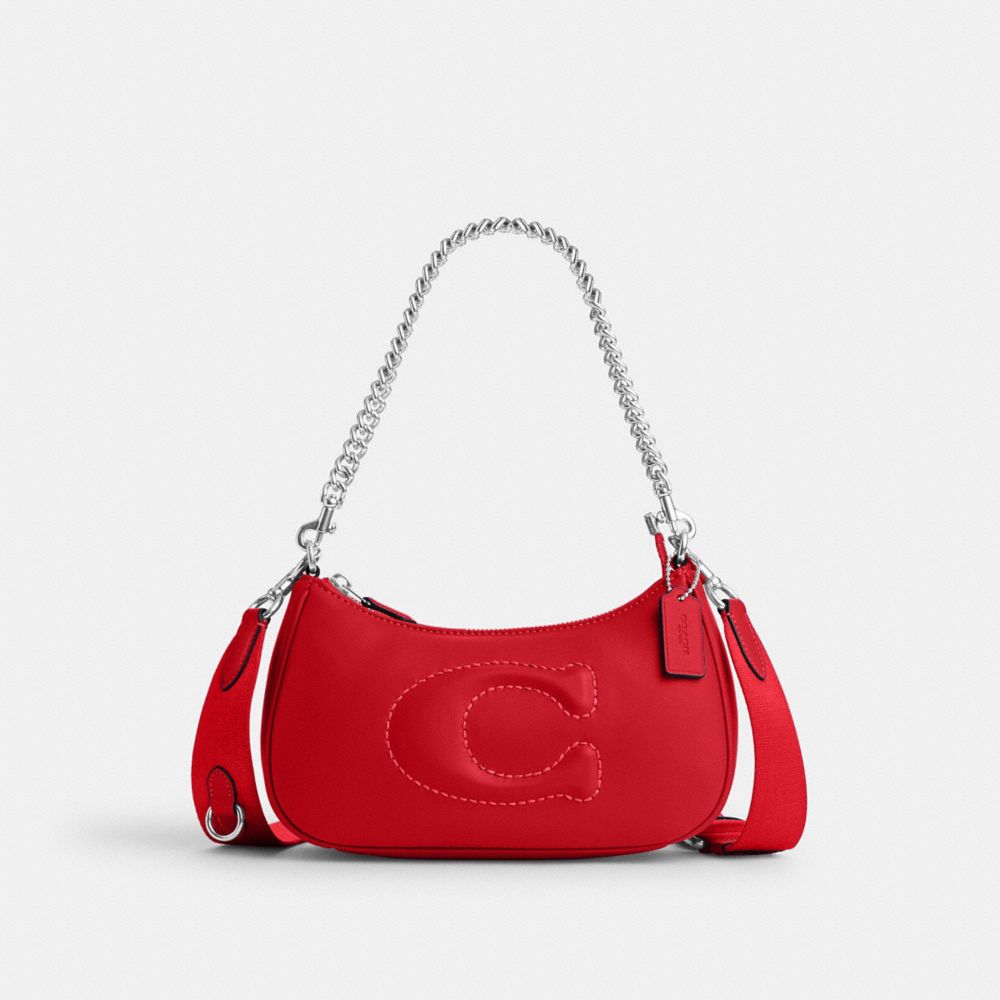 COACH®,TERI SHOULDER BAG WITH SIGNATURE QUILTING,Smooth Leather,Silver/Bright Poppy,Front View