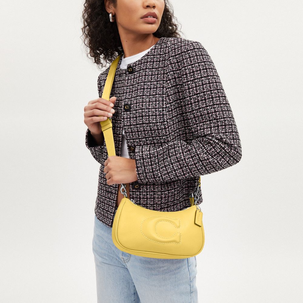 COACH®,Teri Shoulder Bag With Signature Quilting,Leather,Shoulder Bag,Quilted,Logo,Silver Metal,Day Party,Yellow,Detail View