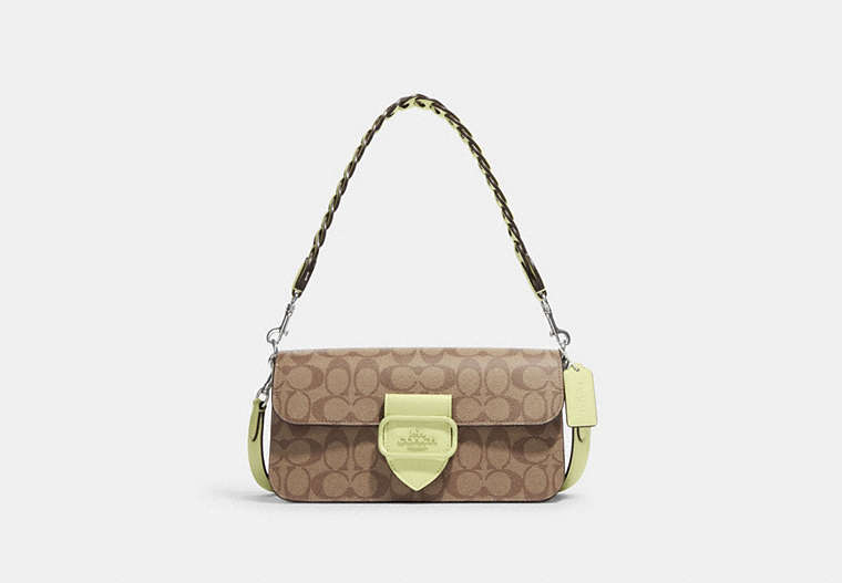 COACH®,MORGAN SHOULDER BAG IN SIGNATURE CANVAS,Leather,Silver/Khaki/Pale Lime,Front View image number 0
