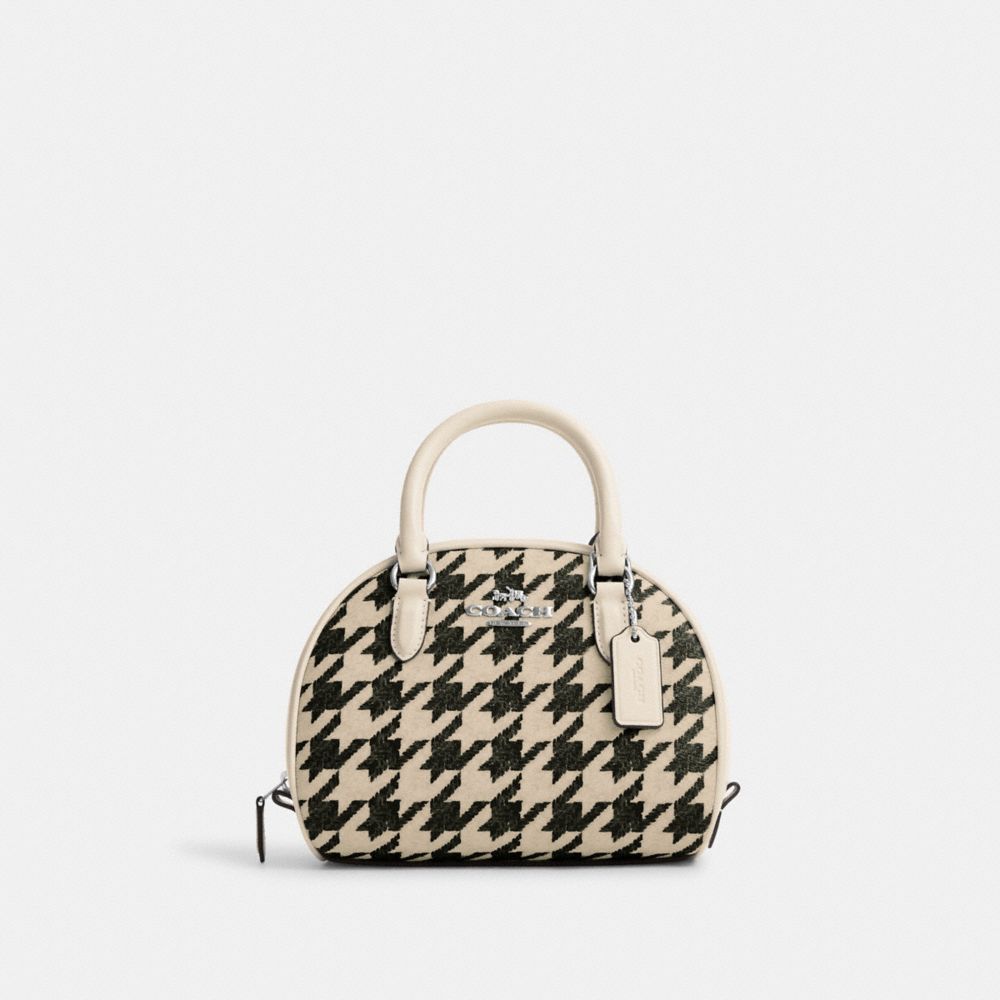 COACH®,SYDNEY SATCHEL WITH HOUNDSTOOTH PRINT,Novelty Print,Medium,Silver/Cream/Black,Front View