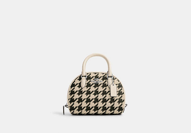 COACH®,SYDNEY SATCHEL WITH HOUNDSTOOTH PRINT,Mixed Material,Silver/Cream/Black,Front View image number 0