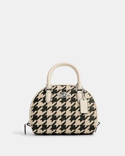 COACH®,SYDNEY SATCHEL WITH HOUNDSTOOTH PRINT,Mixed Material,Medium,Silver/Cream/Black,Front View