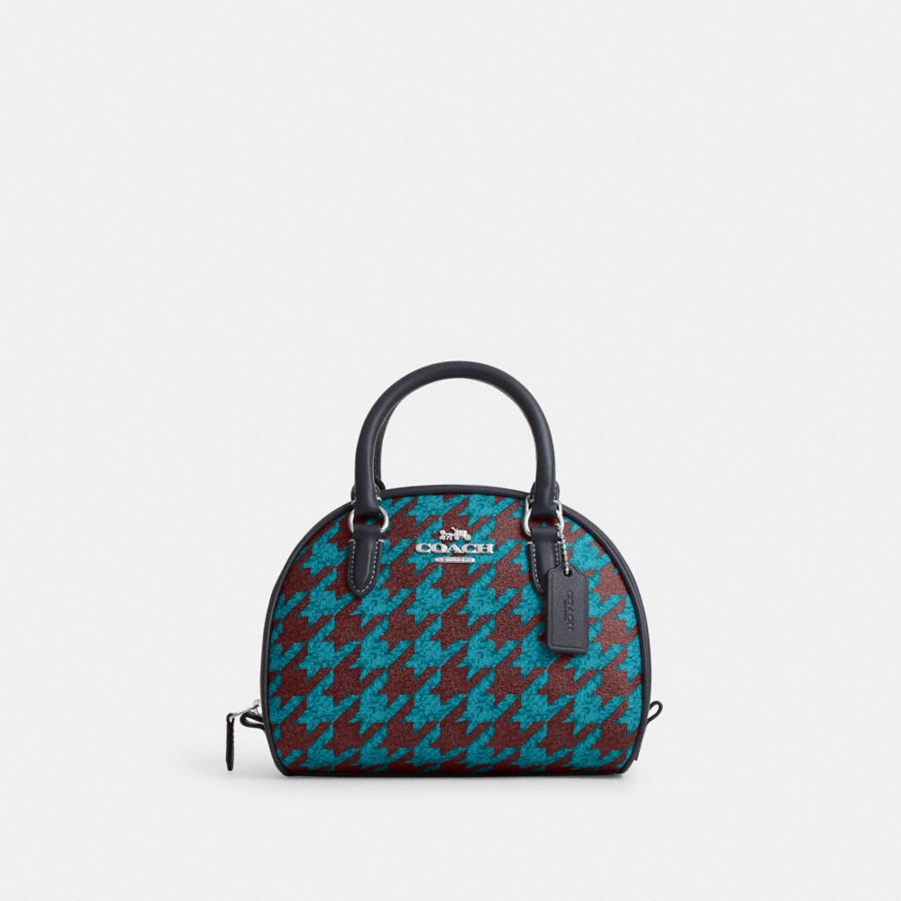 COACH®,SYDNEY SATCHEL WITH HOUNDSTOOTH PRINT,Novelty Print,Medium,Silver/Teal/Wine,Front View image number 0