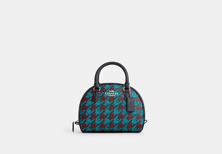 COACH®,SYDNEY SATCHEL WITH HOUNDSTOOTH PRINT,Mixed Material,Medium,Silver/Teal/Wine,Front View image number 0
