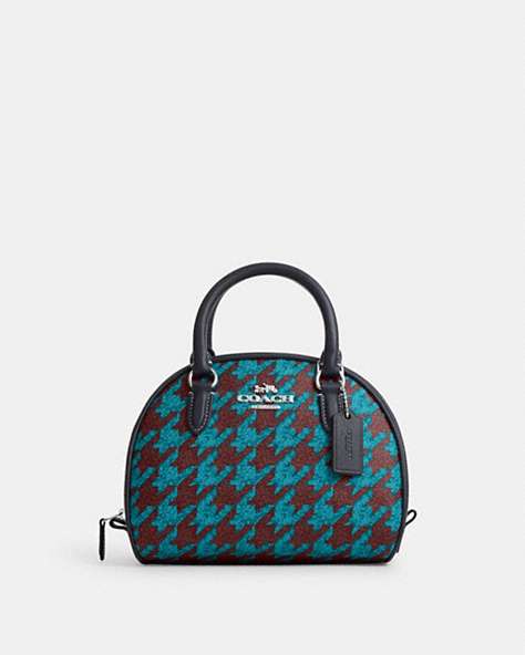 COACH®,SYDNEY SATCHEL WITH HOUNDSTOOTH PRINT,Mixed Material,Medium,Silver/Teal/Wine,Front View