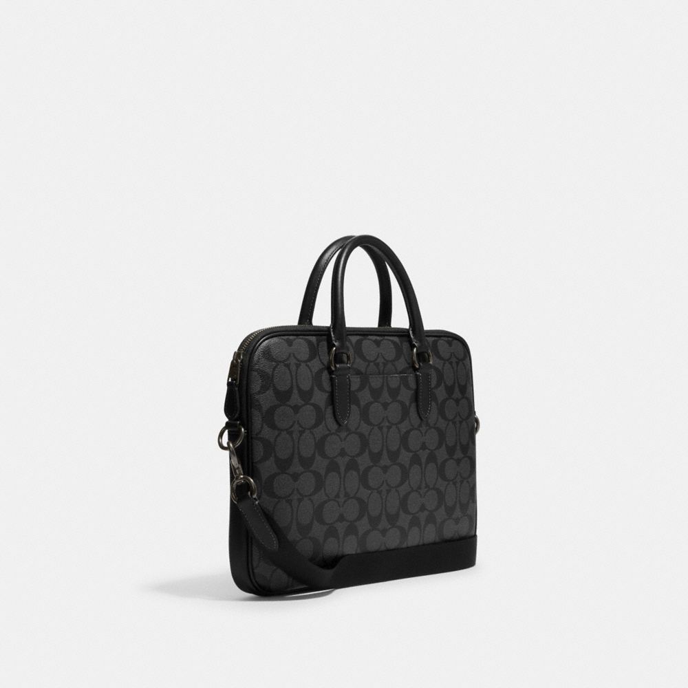 COACH®,Liam Compact Brief In Signature Canvas,Calfskin Leather,Canvas,Briefcase,PVC,Color Block,Logo,Gunmetal,Work,Multi Color,Angle View