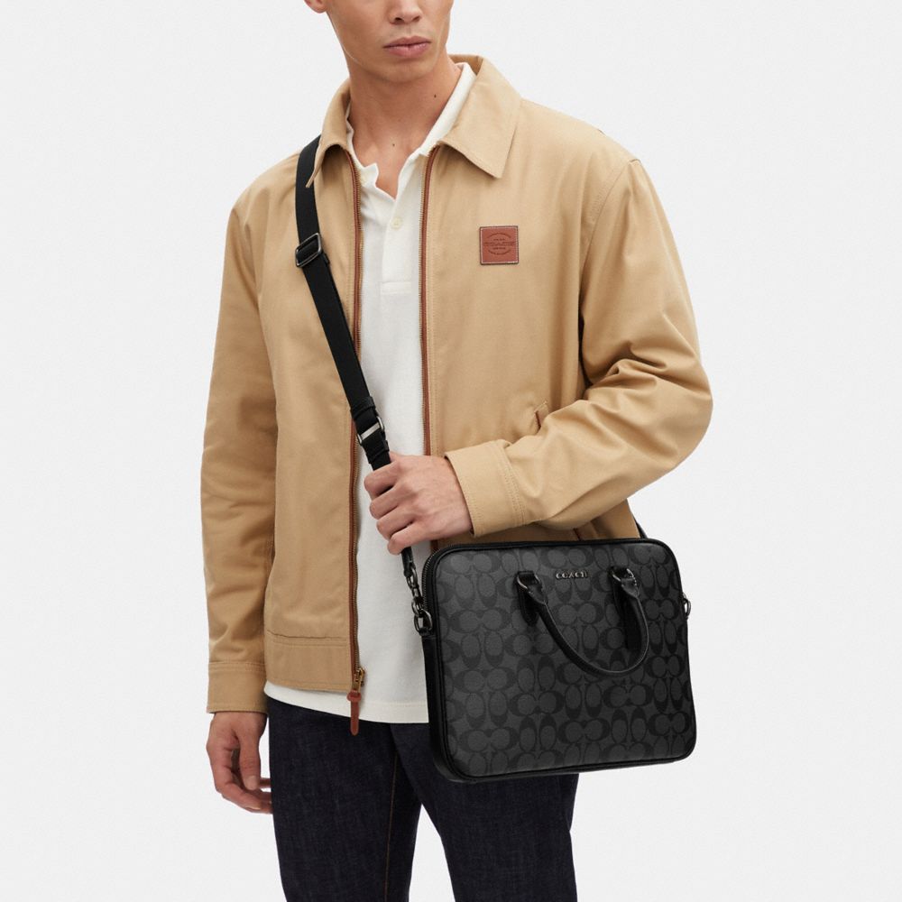 COACH®,Liam Compact Brief In Signature Canvas,Calfskin Leather,Canvas,Briefcase,PVC,Color Block,Logo,Gunmetal,Work,Multi Color,Detail View