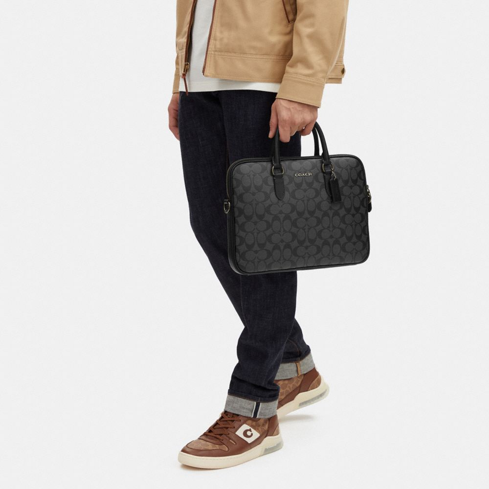 COACH®,Liam Compact Brief In Signature Canvas,Calfskin Leather,Canvas,Briefcase,PVC,Color Block,Logo,Gunmetal,Work,Multi Color,Detail View