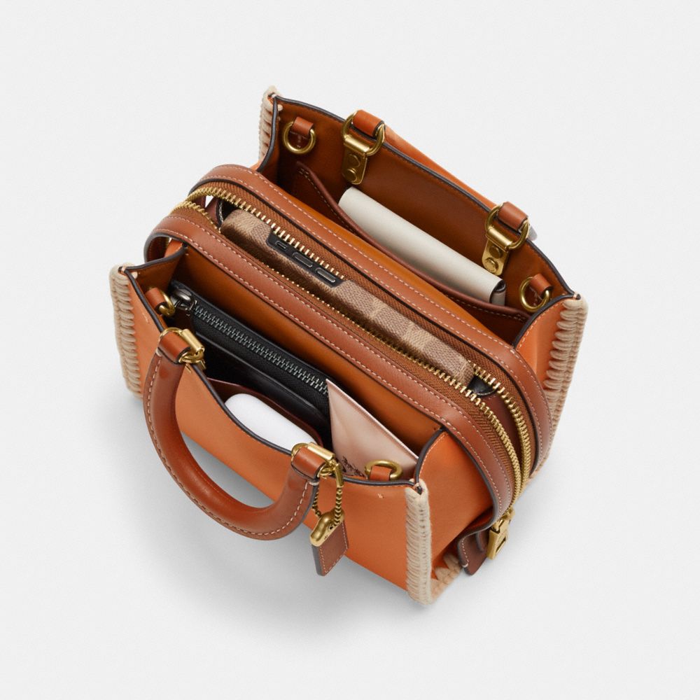 COACH®,Rogue 20 With Crochet,Crochet,Leather,Crossbody,Embroidered,Logo,Metal,Studded,Brass,Day Party,Brown,Inside View, Top View