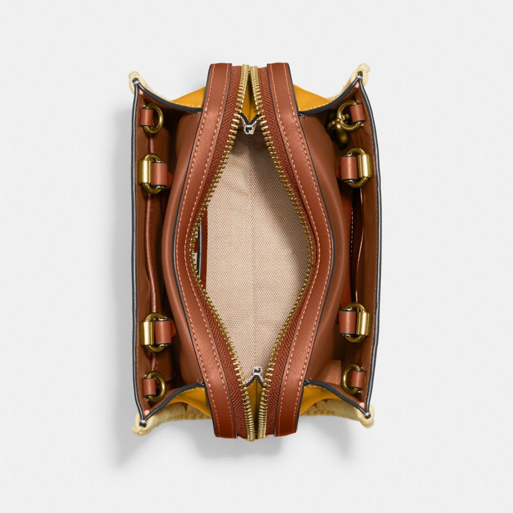 COACH®,Rogue 20 With Crochet,Crochet,Leather,Crossbody,Embroidered,Logo,Metal,Studded,Brass,Day Party,Mustard,Inside View,Top View