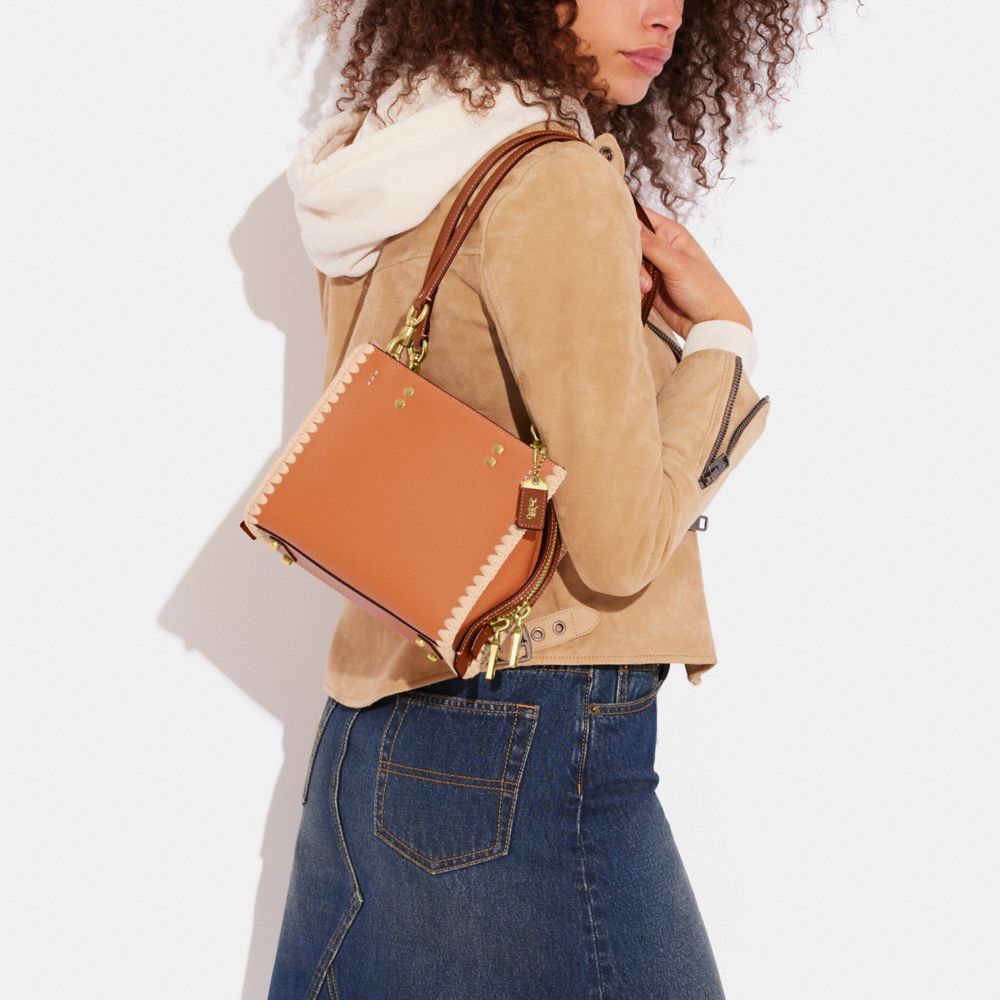 COACH®,Rogue 20 With Crochet,Crochet,Leather,Crossbody,Embroidered,Logo,Metal,Studded,Brass,Day Party,Brown,Detail View