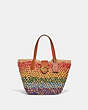 COACH®,SMALL TOTE,Straw/Smooth Leather,Medium,Brass/Multi,Front View