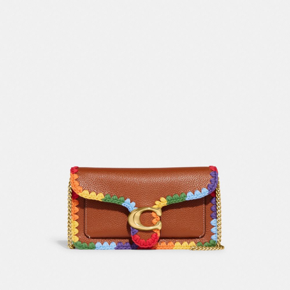 COACH®,TABBY CHAIN CLUTCH WITH RAINBOW CROCHET,Polished Pebble Leather,Mini,Brass/Burnished Amber Multi,Front View