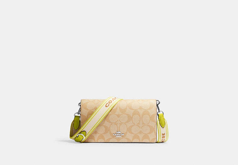 COACH®,ANNA FOLDOVER CLUTCH CROSSBODY IN SIGNATURE CANVAS,Leather,Mini,Silver/Light Khaki/Key Lime Multi,Front View image number 0