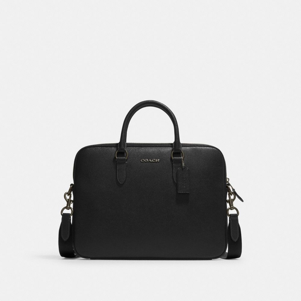 COACH®,LIAM COMPACT BRIEF,Crossgrain Leather,Small,Gunmetal/Black,Front View image number 0