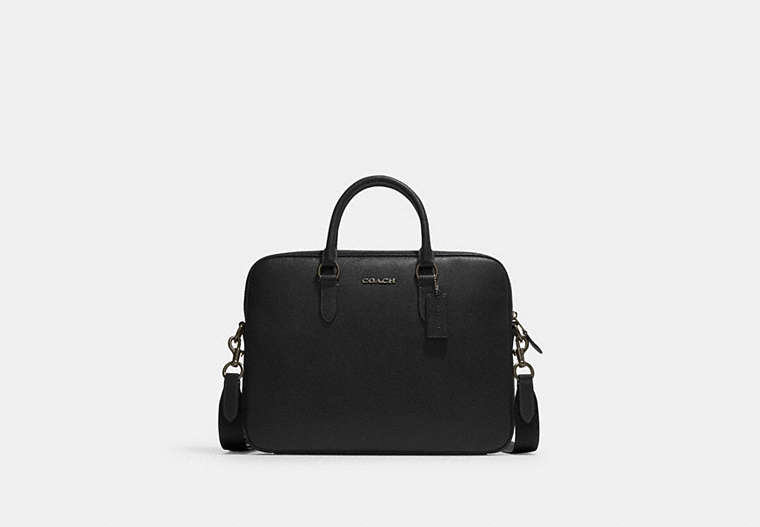 COACH®,LIAM COMPACT BRIEF,Leather,Gunmetal/Black,Front View image number 0