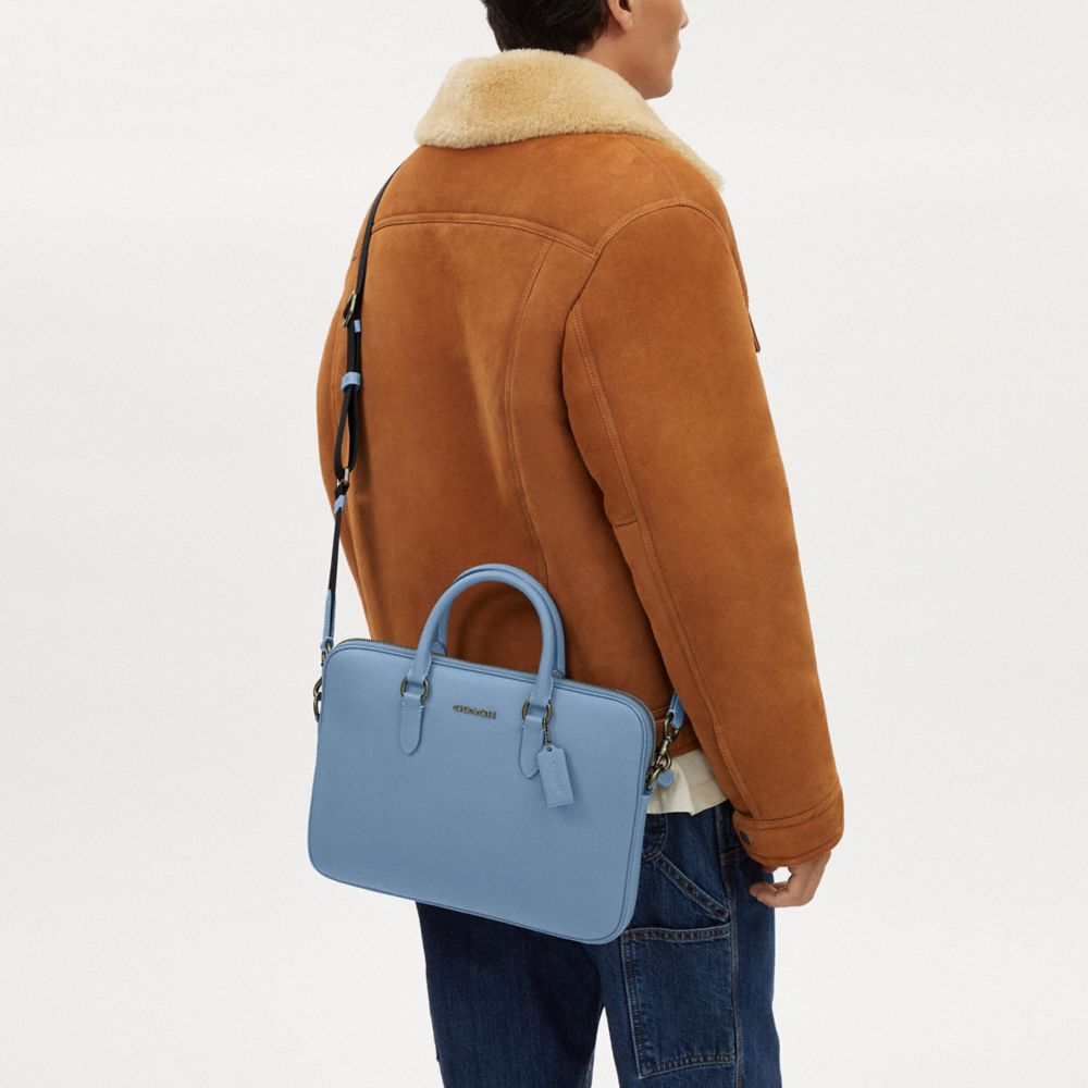 COACH®,Liam Compact Brief,Leather,Crossbody,PVC,Gunmetal,Work,Blue,Detail View