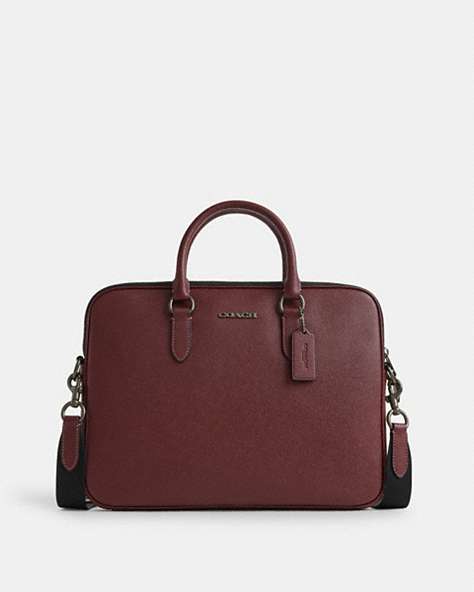 COACH®,LIAM COMPACT BRIEF,Leather,Small,Black Antique Nickel/Wine,Front View
