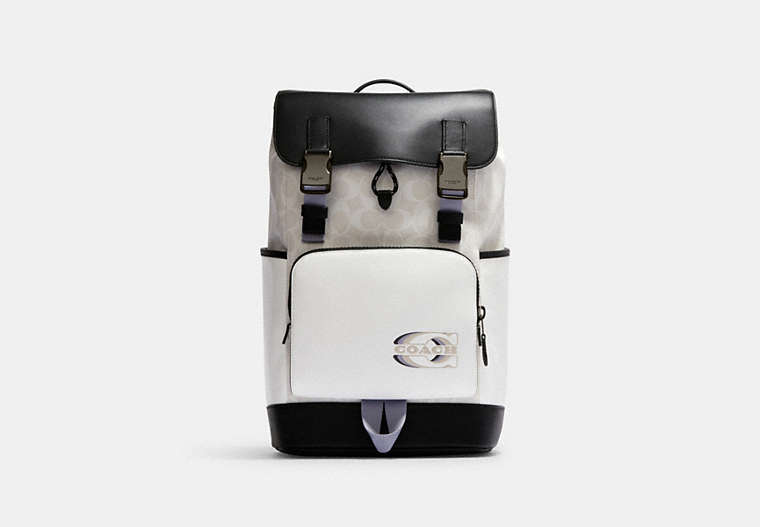 COACH®,TRACK BACKPACK IN COLORBLOCK SIGNATURE CANVAS WITH COACH STAMP,canvas,X-Large,Gunmetal/Chalk Multi,Front View
