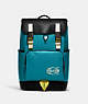 COACH®,TRACK BACKPACK IN COLORBLOCK WITH COACH STAMP,Leather,X-Large,Black Copper/Teal Multi,Front View
