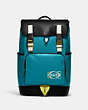 COACH®,TRACK BACKPACK IN COLORBLOCK WITH COACH STAMP,Leather,X-Large,Black Copper/Teal Multi,Front View
