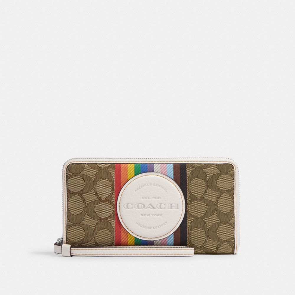COACH®  Dempsey Large Phone Wallet In Signature Jacquard With Rainbow  Stripe And Coach Patch