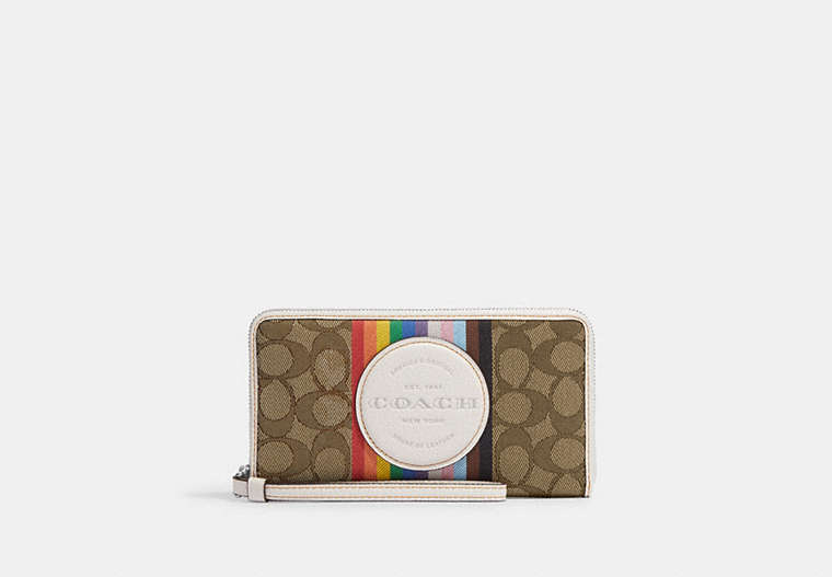 COACH®,DEMPSEY LARGE PHONE WALLET IN SIGNATURE JACQUARD WITH RAINBOW STRIPE AND COACH PATCH,Jacquard,Silver/Khaki Multi,Front View