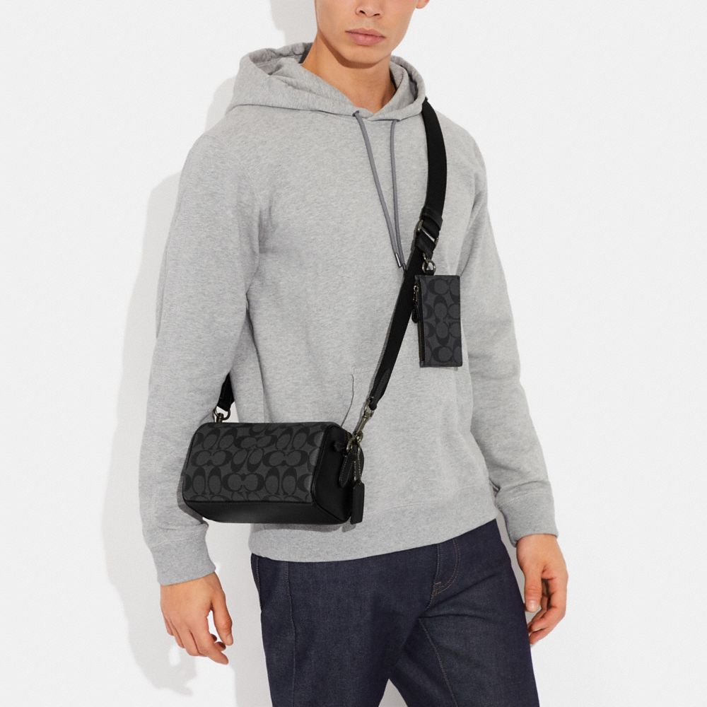 COACH®,Axel Crossbody Bag In Signature Canvas,Calfskin Leather,Canvas,Leather,Crossbody,Pouch,PVC,Logo,Gunmetal,Casual,Multi Color,Detail View