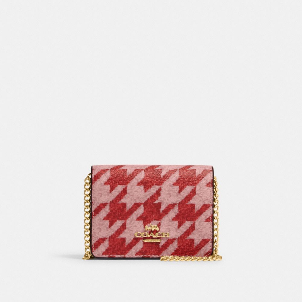 COACH®,MINI WALLET ON A CHAIN WITH HOUNDSTOOTH PRINT,Novelty Print,Mini,Im/Pink/Red,Front View