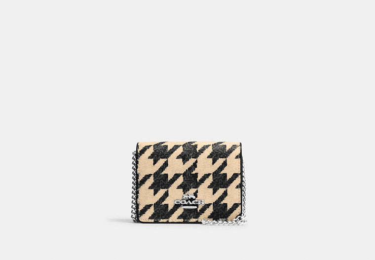 COACH®,MINI WALLET ON A CHAIN WITH HOUNDSTOOTH PRINT,Mixed Material,Mini,Silver/Cream/Black,Front View