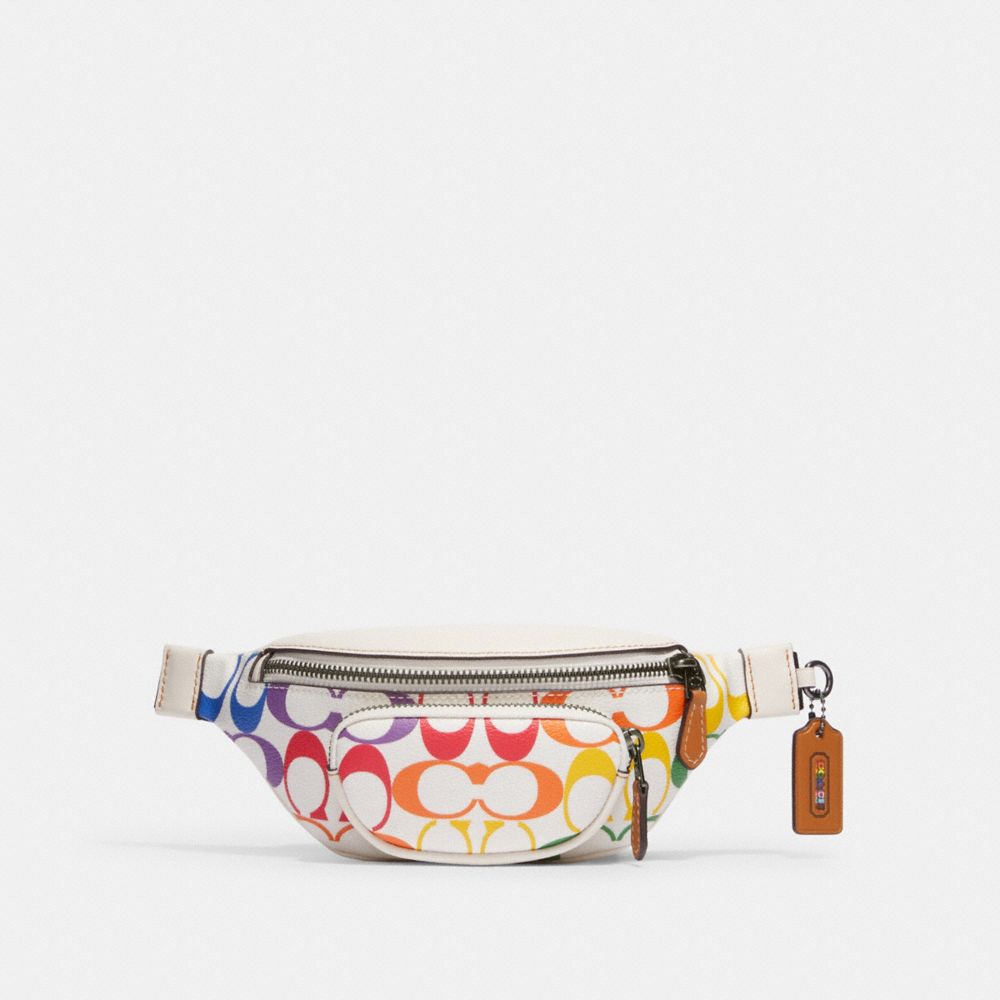 COACH®,SPRINT BELT BAG 24 IN RAINBOW SIGNATURE CANVAS,Small,Gunmetal/Chalk Multi,Front View image number 0