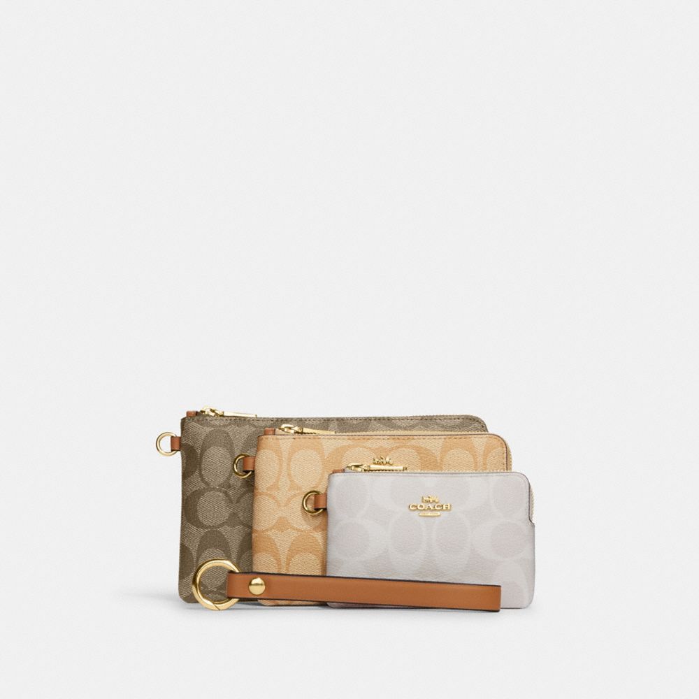 COACH®,CORNER ZIP TRIO IN SIGNATURE CANVAS,Mini,Gold/Khaki Multi,Front View image number 0