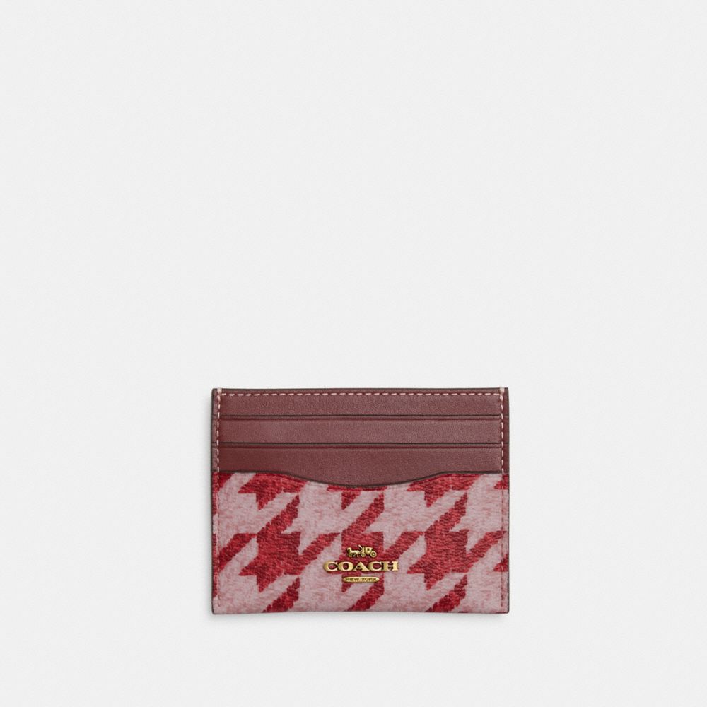 COACH®,SLIM ID CARD CASE WITH HOUNDSTOOTH PRINT,Novelty Print,Brass/Pink/Red,Front View