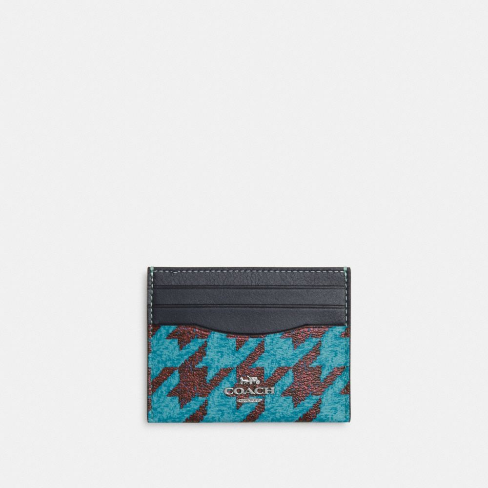 COACH®,SLIM ID CARD CASE WITH HOUNDSTOOTH PRINT,Novelty Print,Silver/Teal/Wine,Front View