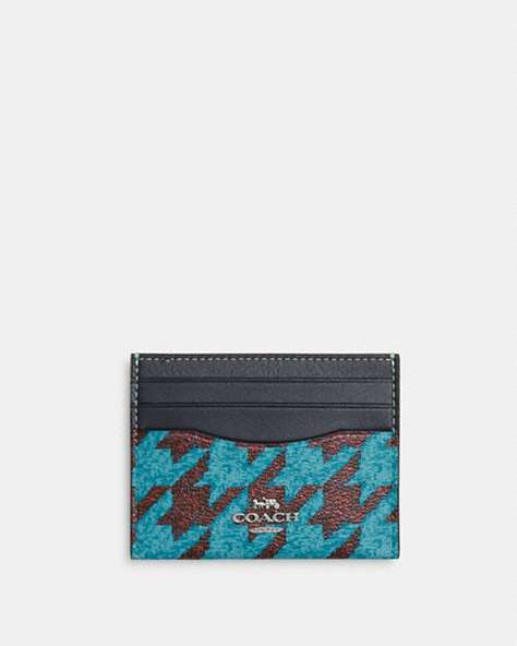 COACH®,SLIM ID CARD CASE WITH HOUNDSTOOTH PRINT,Mixed Material,Silver/Teal/Wine,Front View