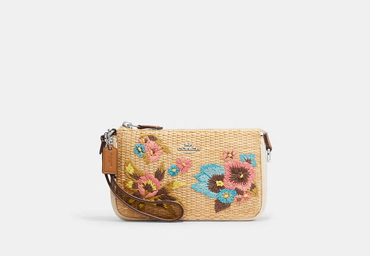 COACH®,NOLITA 19 WITH FLORAL EMBROIDERY,Straw,Mini,Silver/Natural Multi,Front View