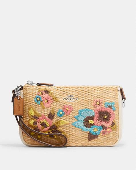 COACH®,NOLITA 19 WITH FLORAL EMBROIDERY,Straw,Silver/Natural Multi,Front View