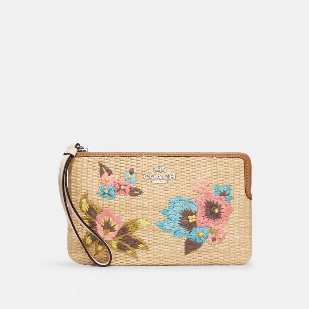 Large Corner Zip Wristlet With Floral Embroidery