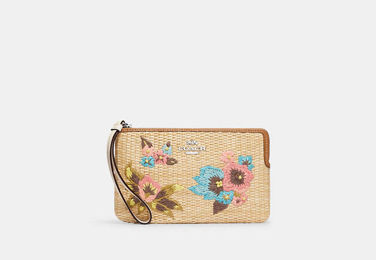 COACH®,LARGE CORNER ZIP WRISTLET WITH FLORAL EMBROIDERY,Straw,Silver/Natural Multi,Front View