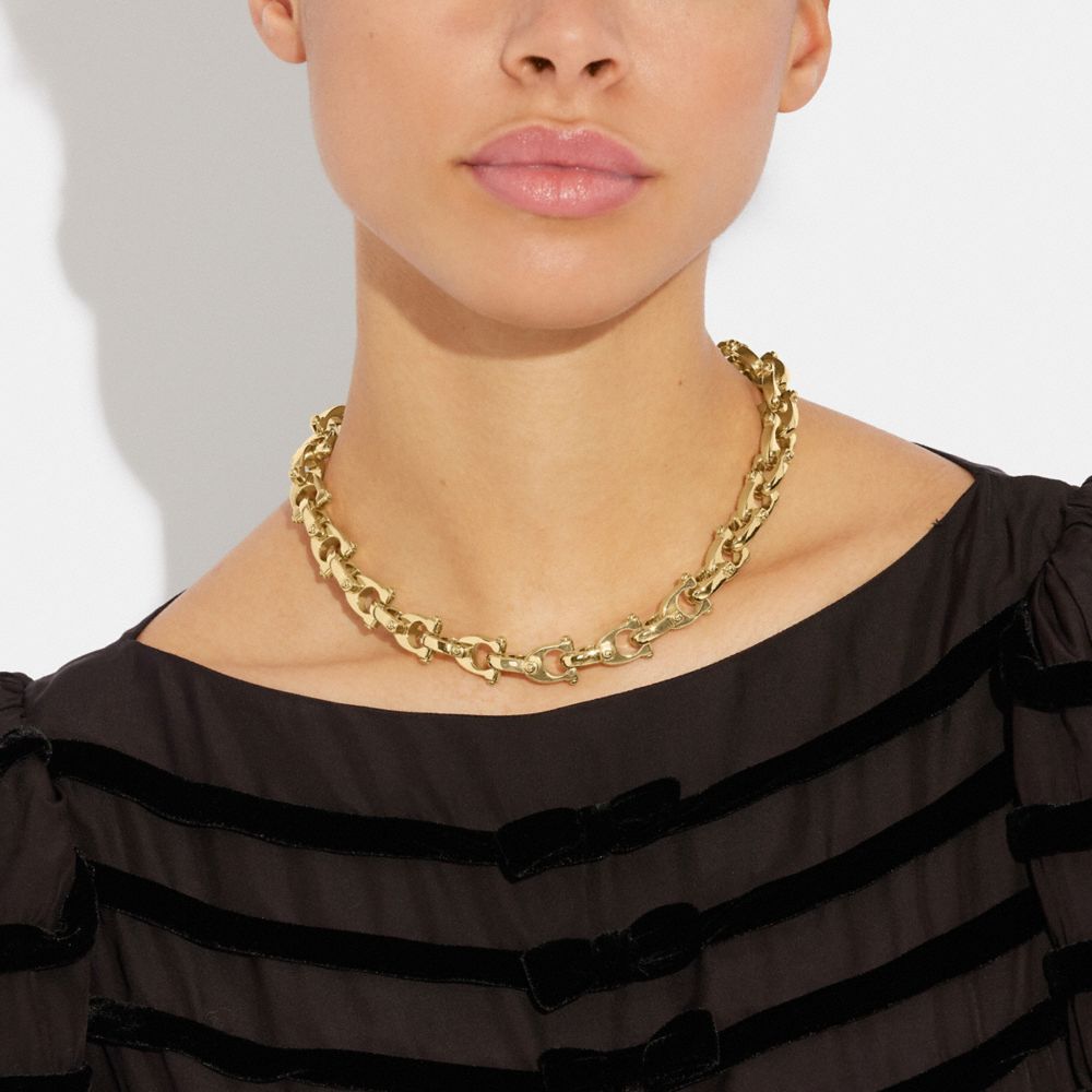 COACH®,CHUNKY SIGNATURE CHAIN LINK NECKLACE,Plated Brass,Gold,Detail View