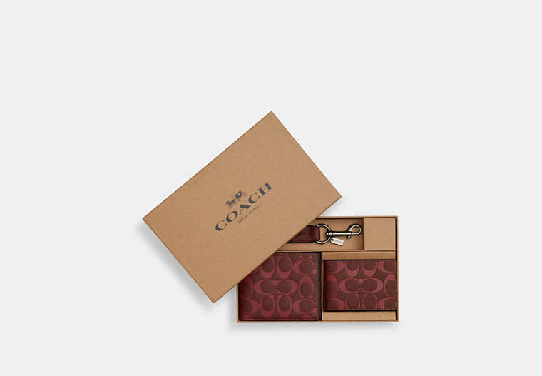 COACH®,BOXED 3-IN-1 WALLET GIFT SET IN SIGNATURE LEATHER,Leather,Mini,Gunmetal/Wine Multi,Front View