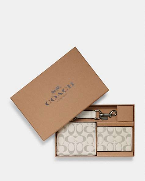 COACH®,BOXED 3-IN-1 WALLET GIFT SET IN SIGNATURE LEATHER,Leather,Mini,Black Antique Nickel/Chalk/Steam,Front View
