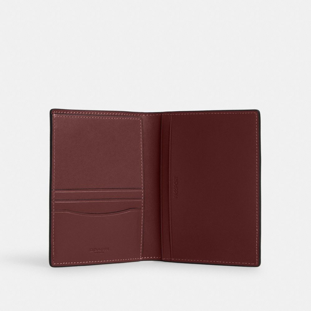 COACH®,PASSPORT CASE IN SIGNATURE LEATHER,Mini,Gunmetal/Wine Multi,Inside View,Top View