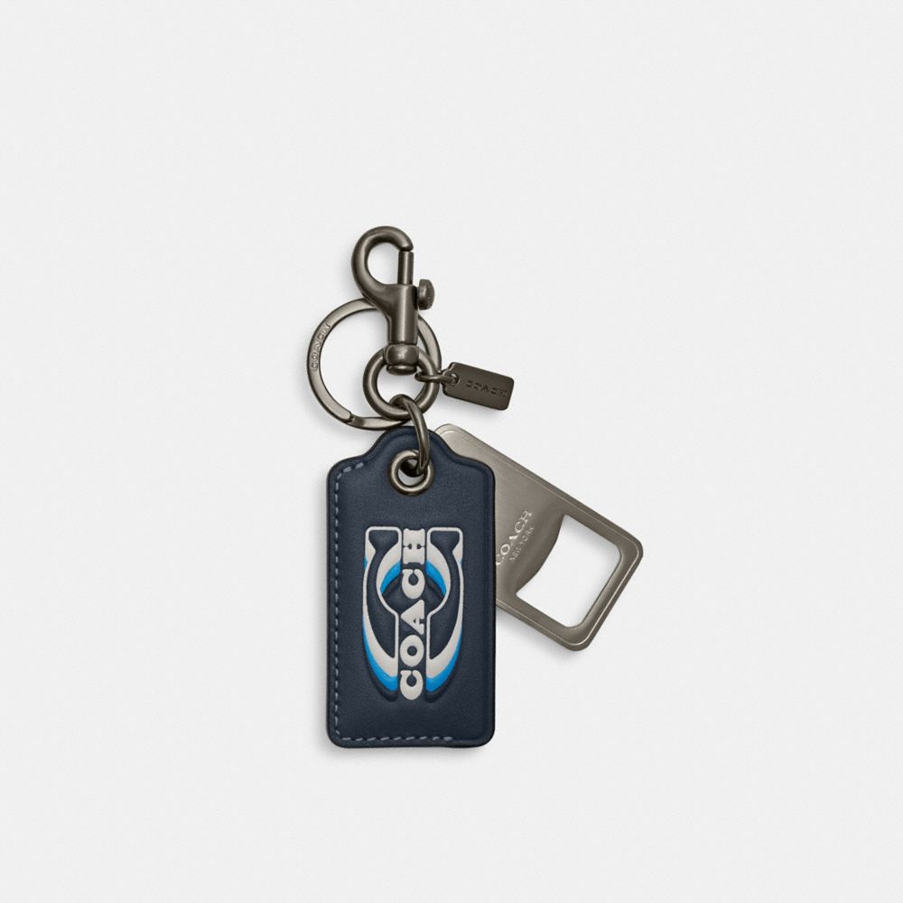 COACH®,BOTTLE OPENER KEY FOB WITH COACH STAMP,Gunmetal/Denim Multi,Front View