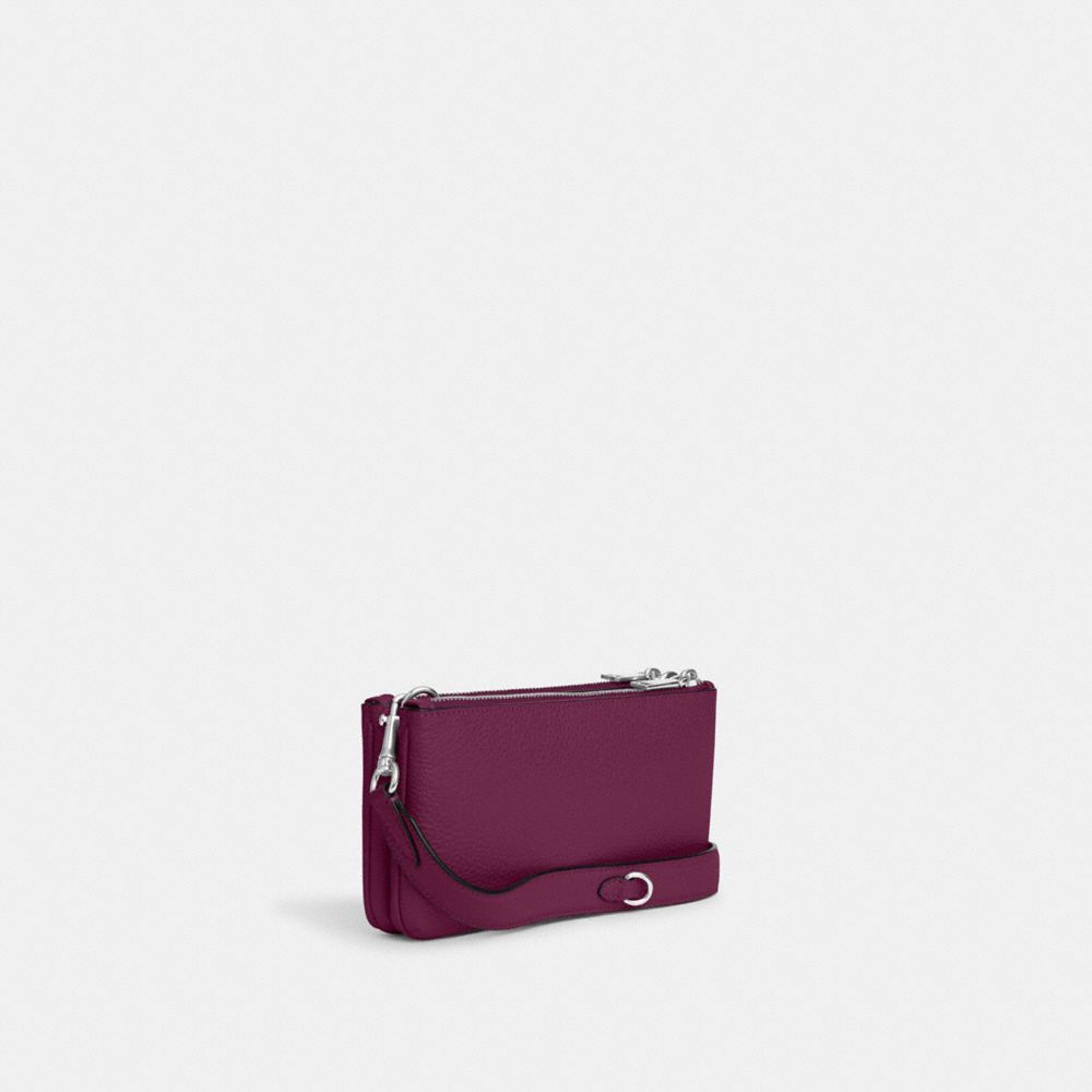 COACH®,DOUBLE ZIP CROSSBODY BAG,Pebbled Leather,Mini,Silver/Deep Berry,Angle View