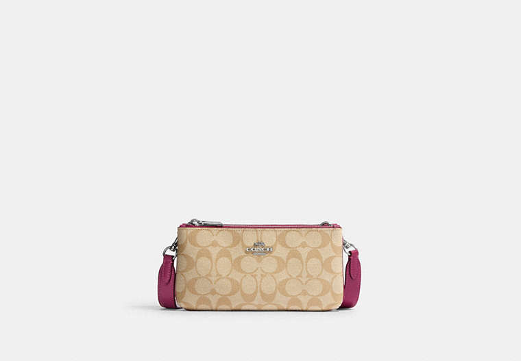 COACH®,DOUBLE ZIP CROSSBODY IN SIGNATURE CANVAS,pvc,Silver/Lt Khaki/Lt Raspberry,Front View image number 0