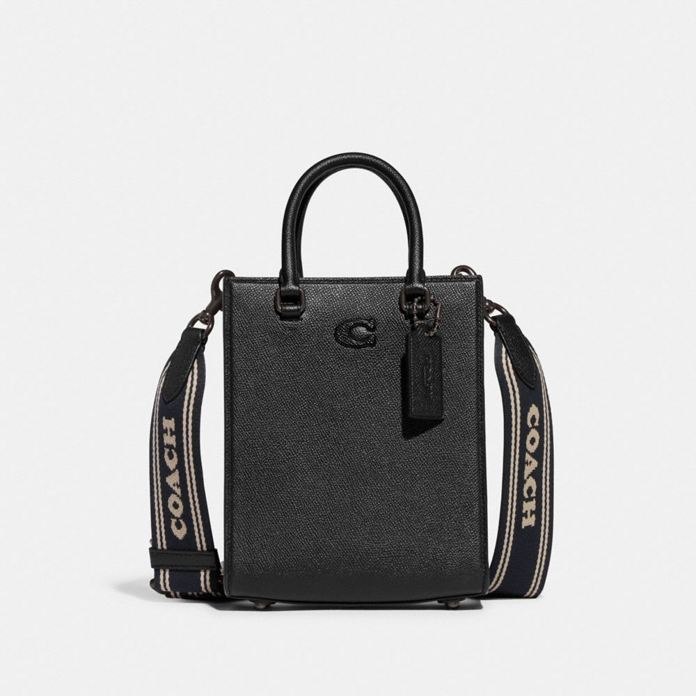 COACH®,TOTE 16 WITH SIGNATURE CANVAS DETAIL,Crossgrain Leather,Medium,Black,Front View